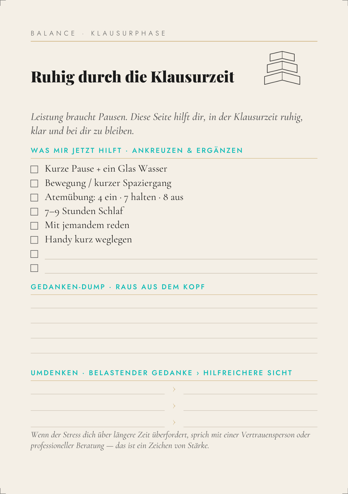 Balance-Seite für die Klausurphase